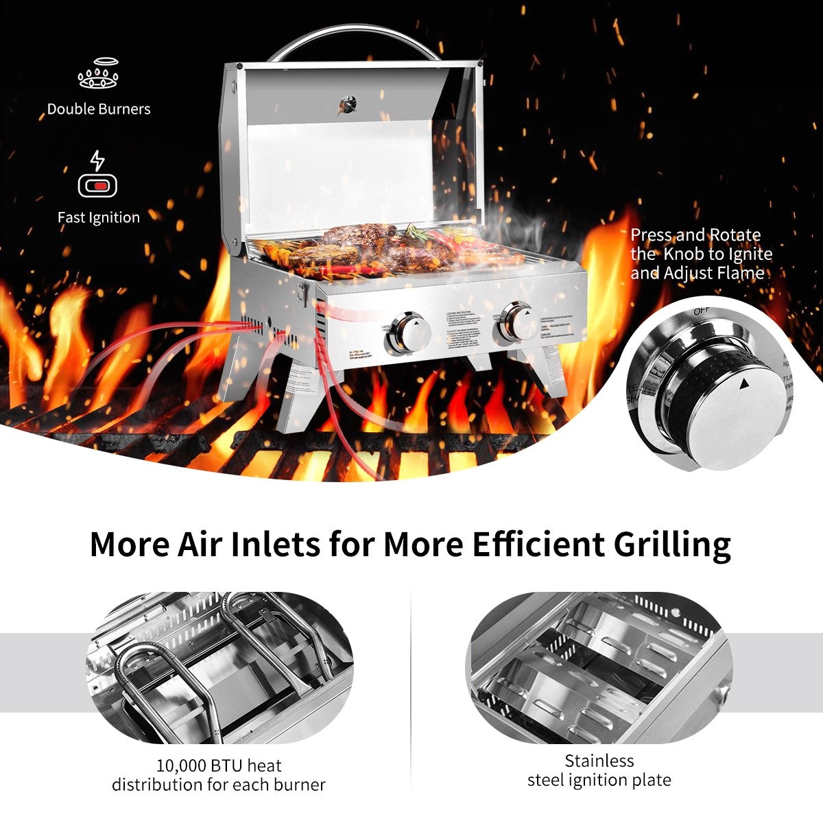 Propane TableTop Gas Grill Stainless Steel Two-Burner BBQ