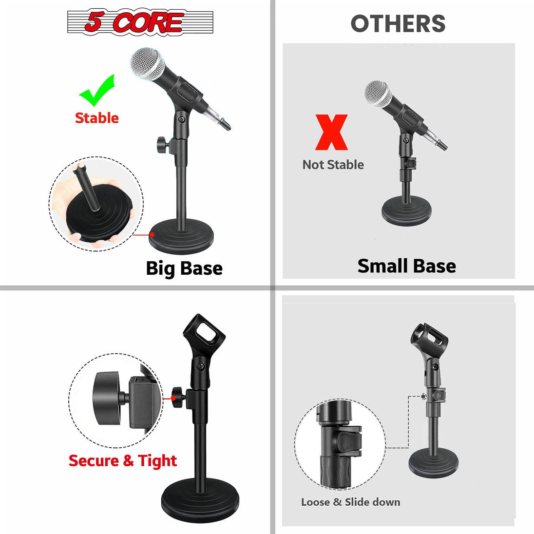 5 Core Round Base Mic Stand Desk Universal Desktop Height Adjustable Table Top Microphone Stand w Mic Clip