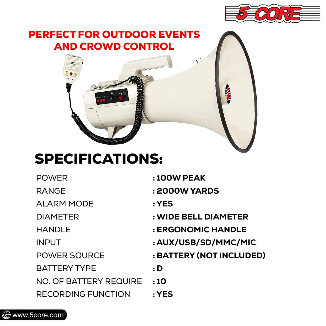 5Core Megaphone Bullhorn Speaker 100W Professional Bull Horn Battery Power Megafono 2000Yard Range 4501