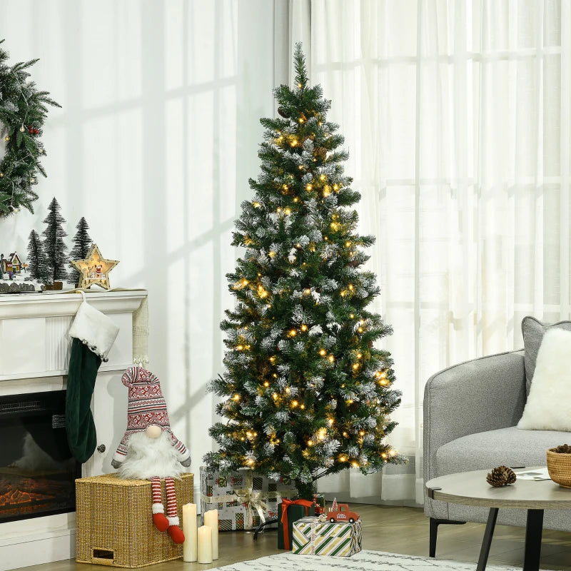HOMCOM 7.5ft Decorated Skinny Pre-Lit Artificial Christmas Tree – Snow-Dipped Branches with Pinecones, Auto Open Design 