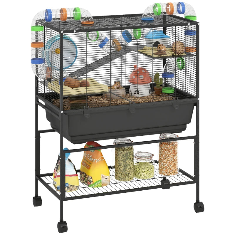 3 Tier Rolling Hamster Cage with 7" Deep Tray, Storage Shelf, Big Exercise Wheel, Tube System, for Syrian, Gerbil, Rat