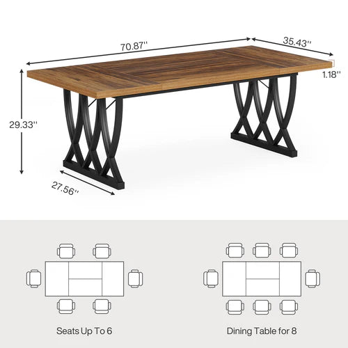 70.8" Dining Table, Rectangular Kitchen Table for 6–8 People with Trestle Base, Industrial Wood Dining Table Brown & White