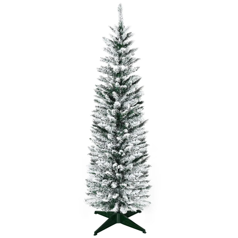 HOMCOM 5ft Pencil Artificial Christmas Tree with Snow Flocked Branches, Slim Green Holiday Decor 
