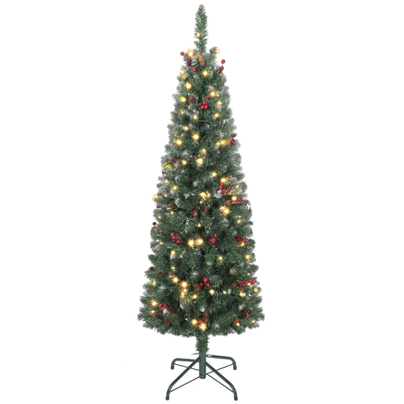 HOMCOM 5FT Prelit Pencil Christmas Tree with LED Lights, Slim Silver Glitter Xmas Tree with Dense Branches & 8 Lighting Modes 