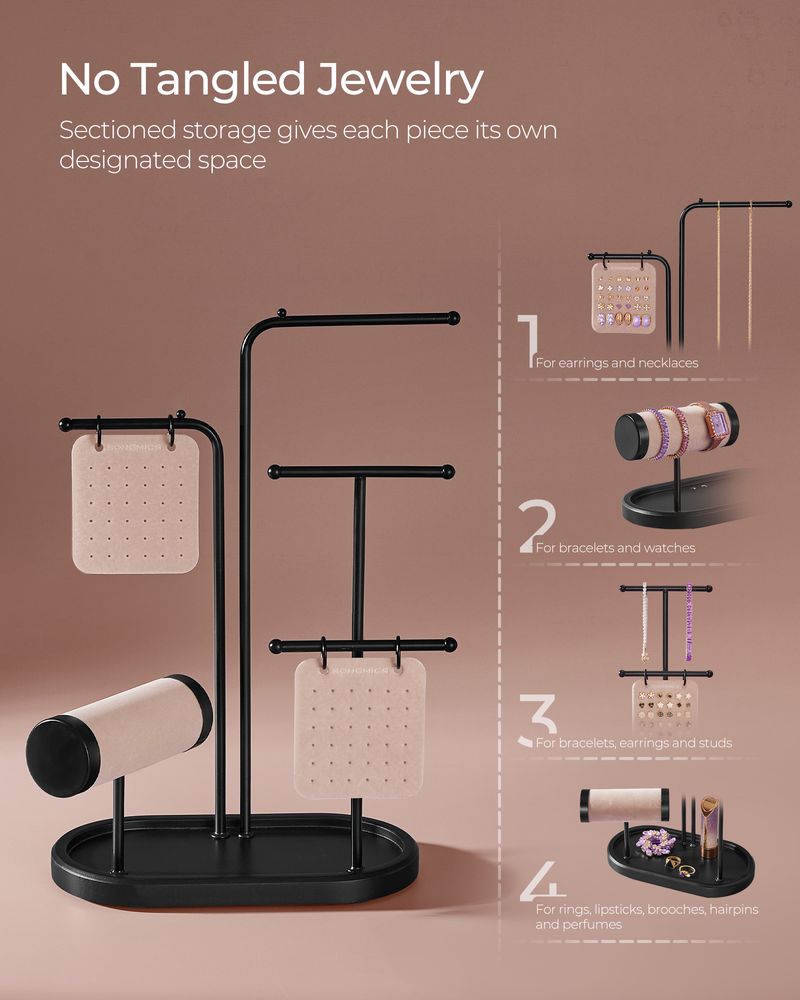 SONGMICS Jewelry Stand with Metal Frame, 2 Earring Boards, 4 Hanging Rods 