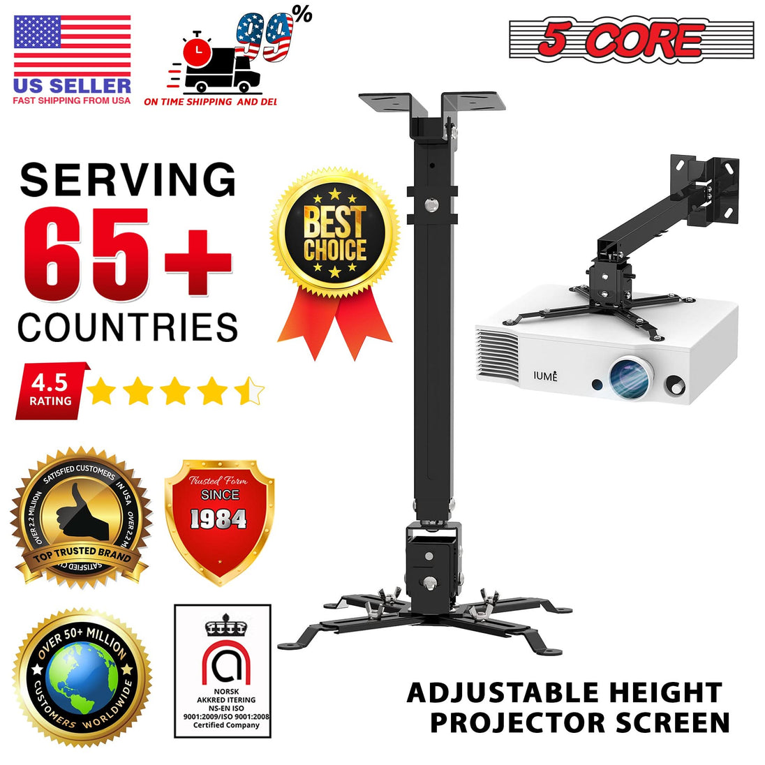 5Core Projector Mount Ceiling Wall Universal Holder Adjustable Low Profile Capacity 40lb BLACK