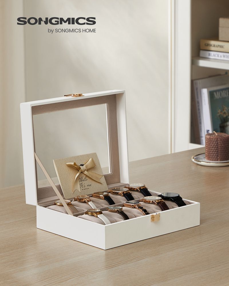 SONGMICS 10-Slot Watch Case with Large Glass Lid 