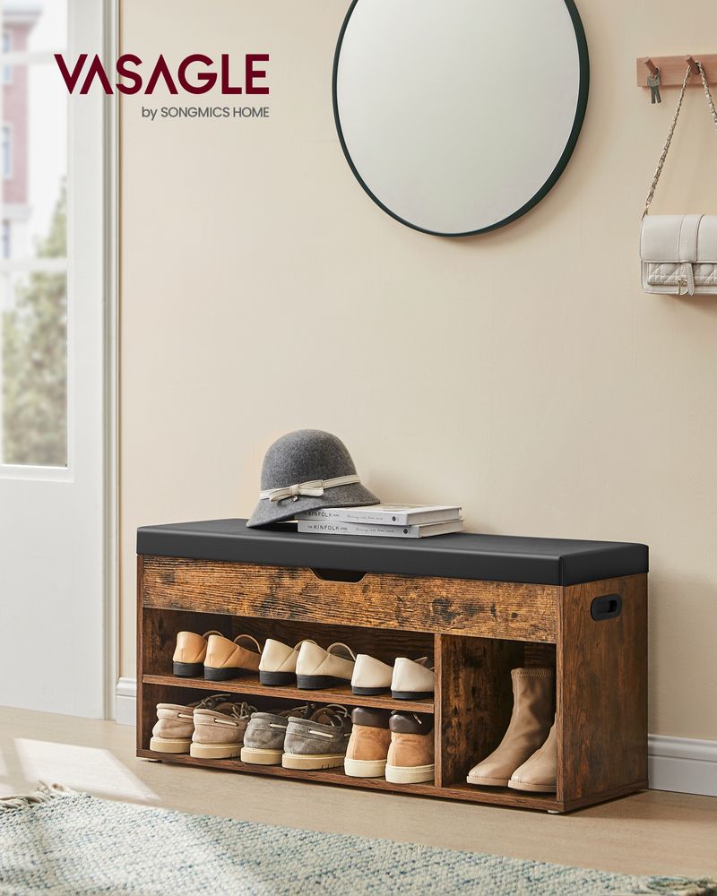 VASAGLE Storage Bench with Cushion, Padded Seat, 3 Compartments 