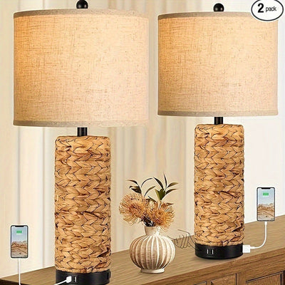 Set of 2 Rustic Touch Table Lamps for Bedroom 3 Way Dimmable Modern Farmhouse Nightstand Lamps for Living Room Coastal Sea Grass Bedside Lamps with 2 USB Ports and 1 AC Outlet, 2700K LED Bulbs Included 
