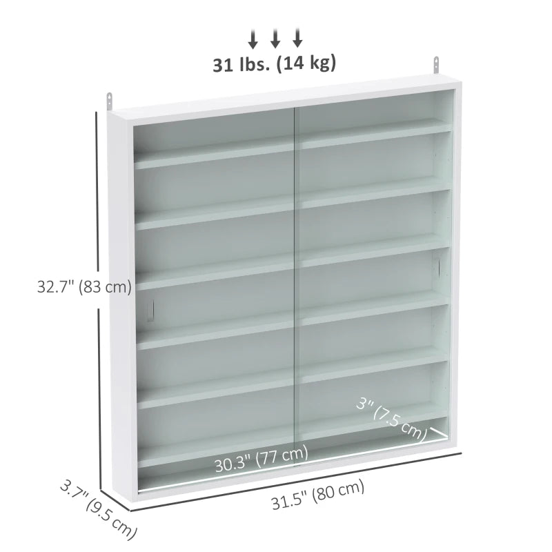 7-Tier Display Cabinet, Shot Glass Display Case, Glass Curio Cabinet with 2 Glass Doors and 6 Adjustable Shelves, White