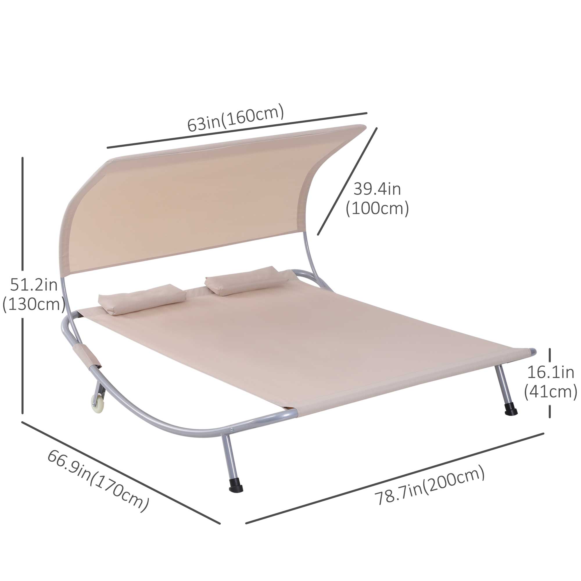 Outsunny 79" Double Chaise Lounge Outdoor with Canopy, Hammock Bed with Pillow & Wheels, Luxurious Sand Color 