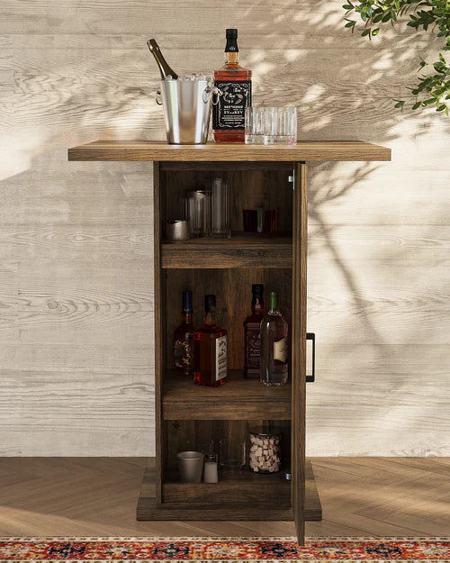 Bar Table 31.5" Square High-Top with Storage Cabinet Farmhouse Pub Table Brown