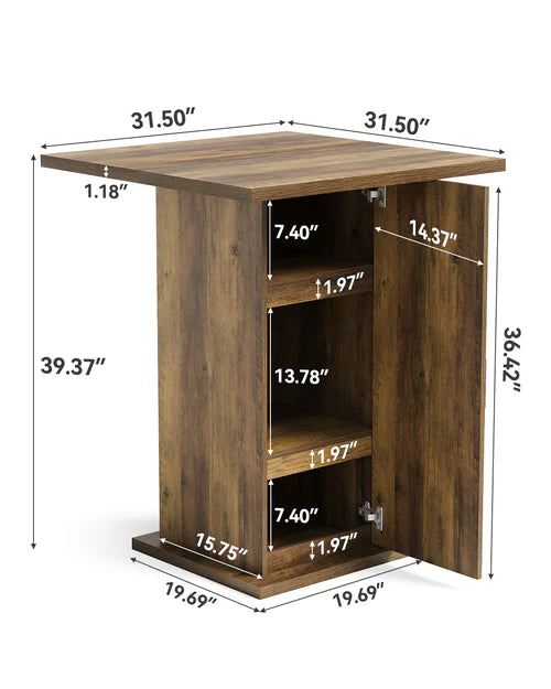 Bar Table 31.5" Square High-Top with Storage Cabinet Farmhouse Pub Table Brown