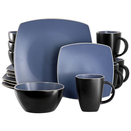 Gibson Soho Lounge 16 Piece Square Stoneware Dinnerware Set in Matte Blue and Black - Free Shipping