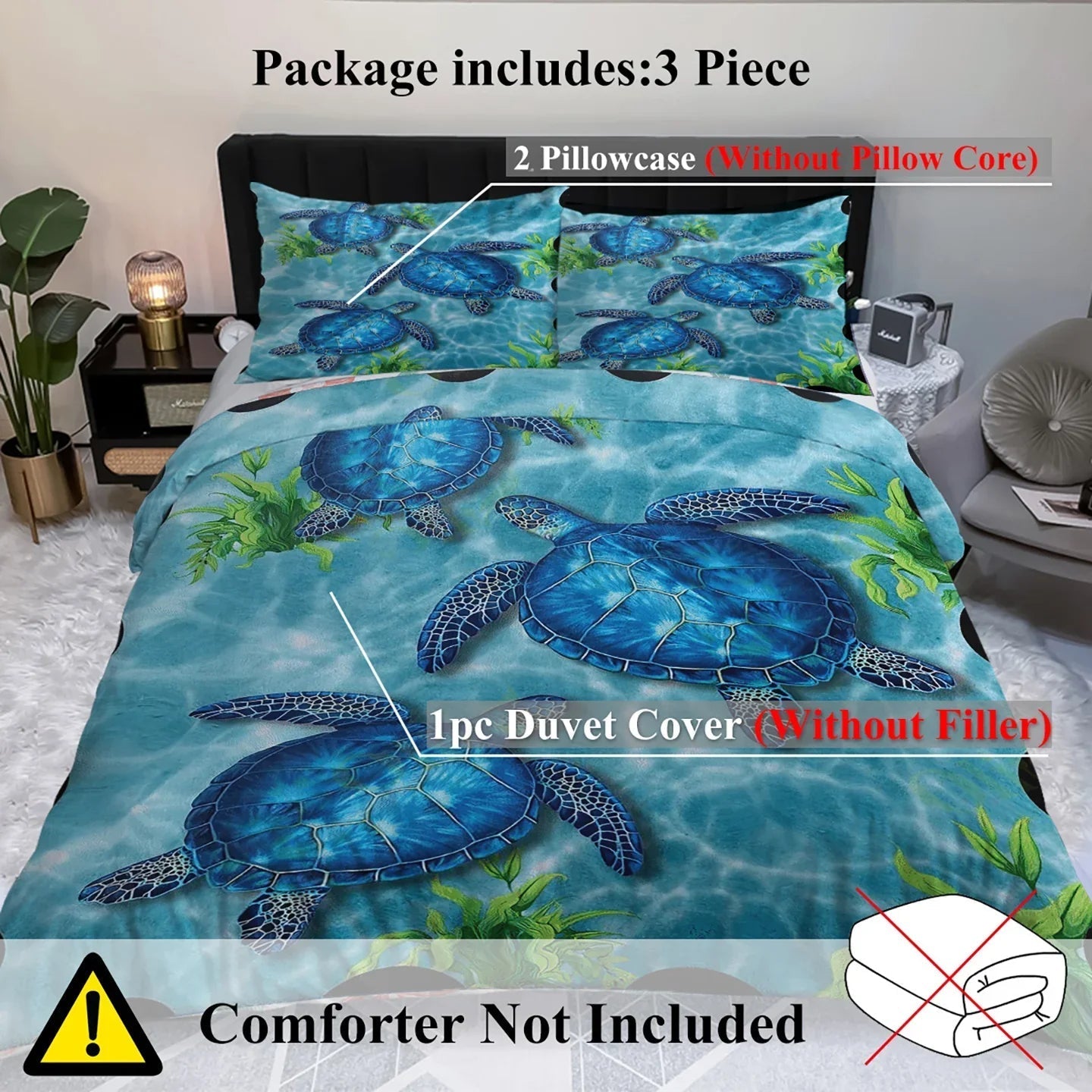 Sea Turtle Pattern Duvet Cover Set 3 Pieces King Size Soft Bedding Set With 2 Pilowcases With Zipper Closure For Home Bedroom For All Seasons 