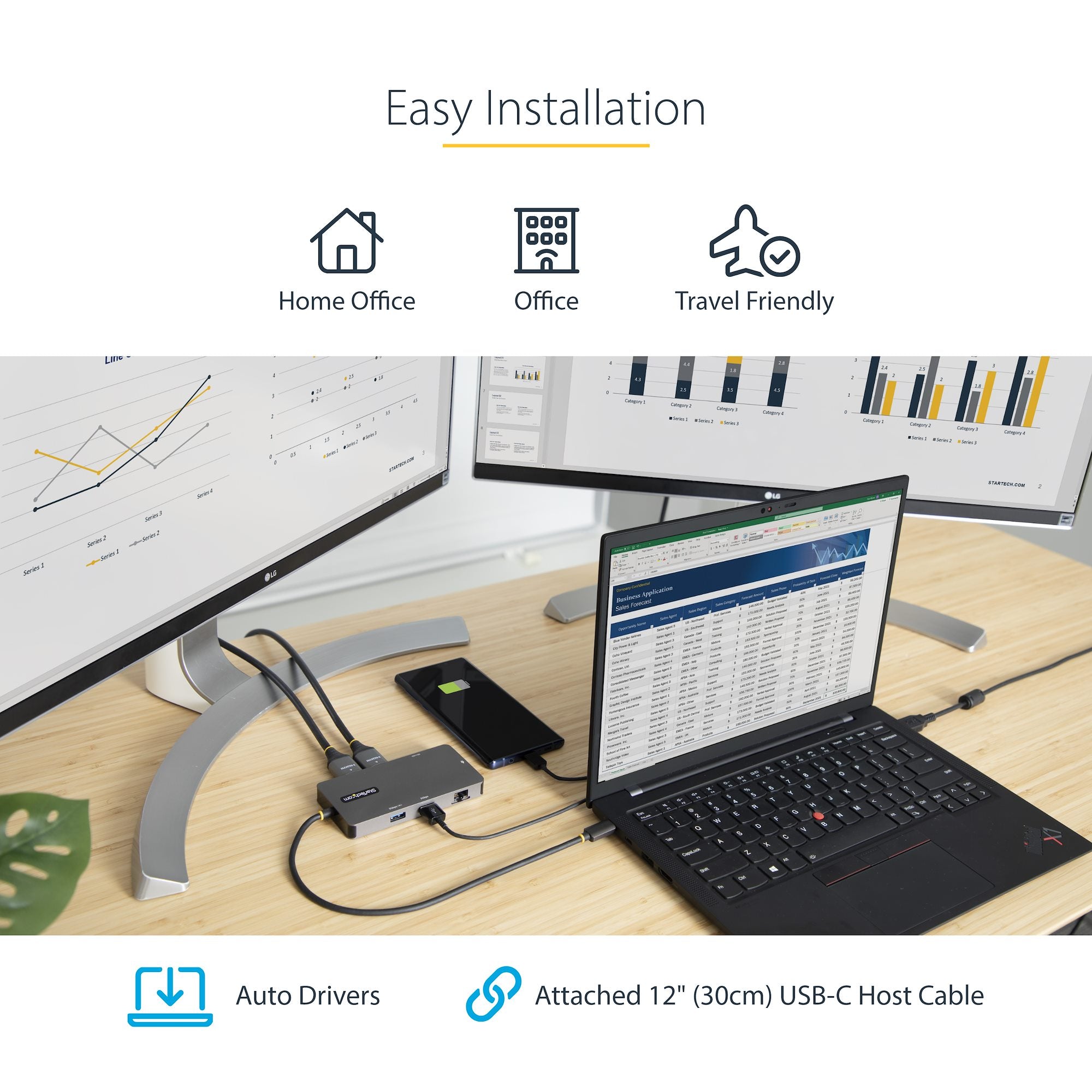 USB C Multiport Adapter, Dual HDMI Video, 4K 60Hz, 2Pt 5Gbps USB-A Hub, 100W Power Delivery Pass-Through/GbE/SD/MicroSD, 12"/30cm Cable, Travel Dock, Laptop Docking Station 