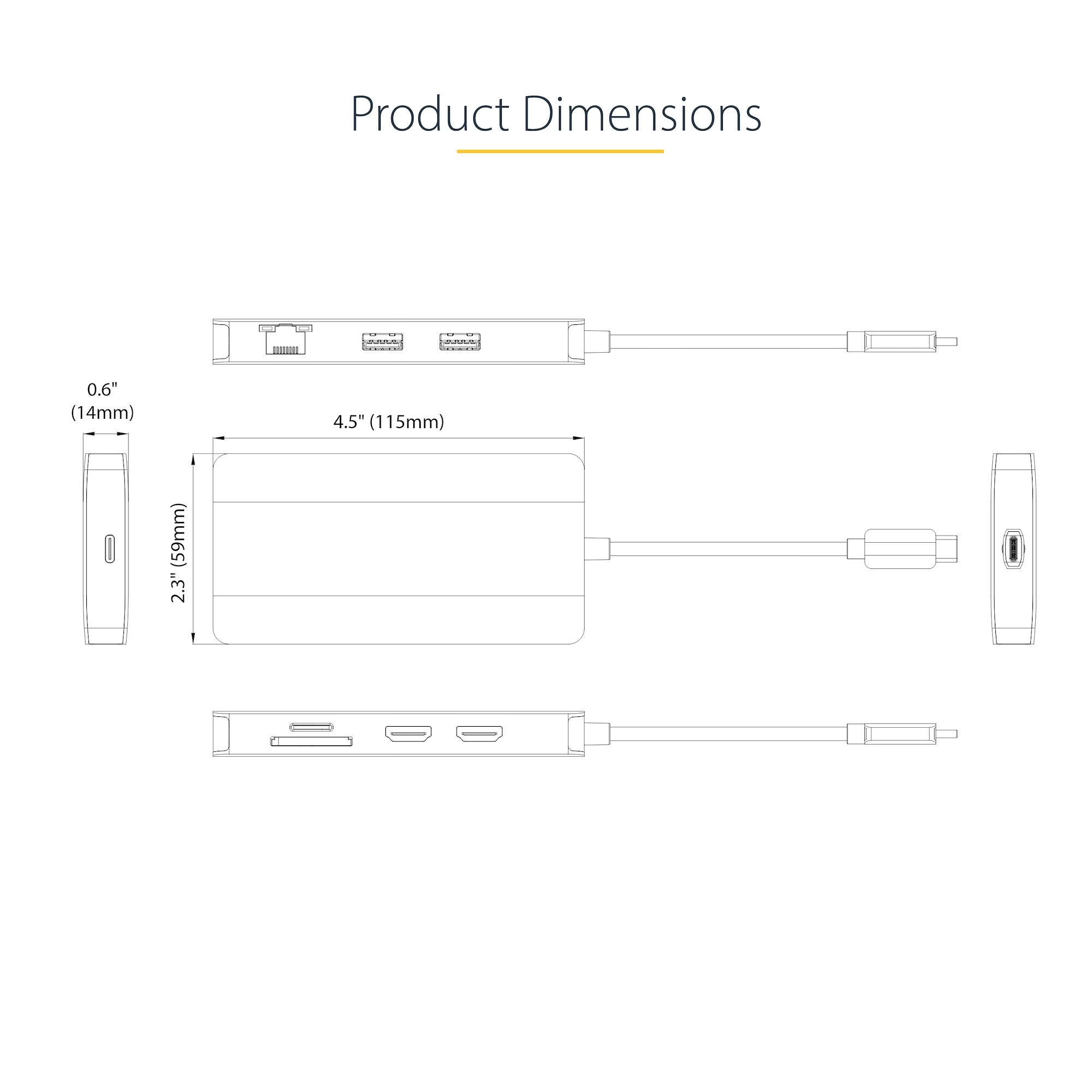 USB C Multiport Adapter, Dual HDMI Video, 4K 60Hz, 2Pt 5Gbps USB-A Hub, 100W Power Delivery Pass-Through/GbE/SD/MicroSD, 12"/30cm Cable, Travel Dock, Laptop Docking Station 