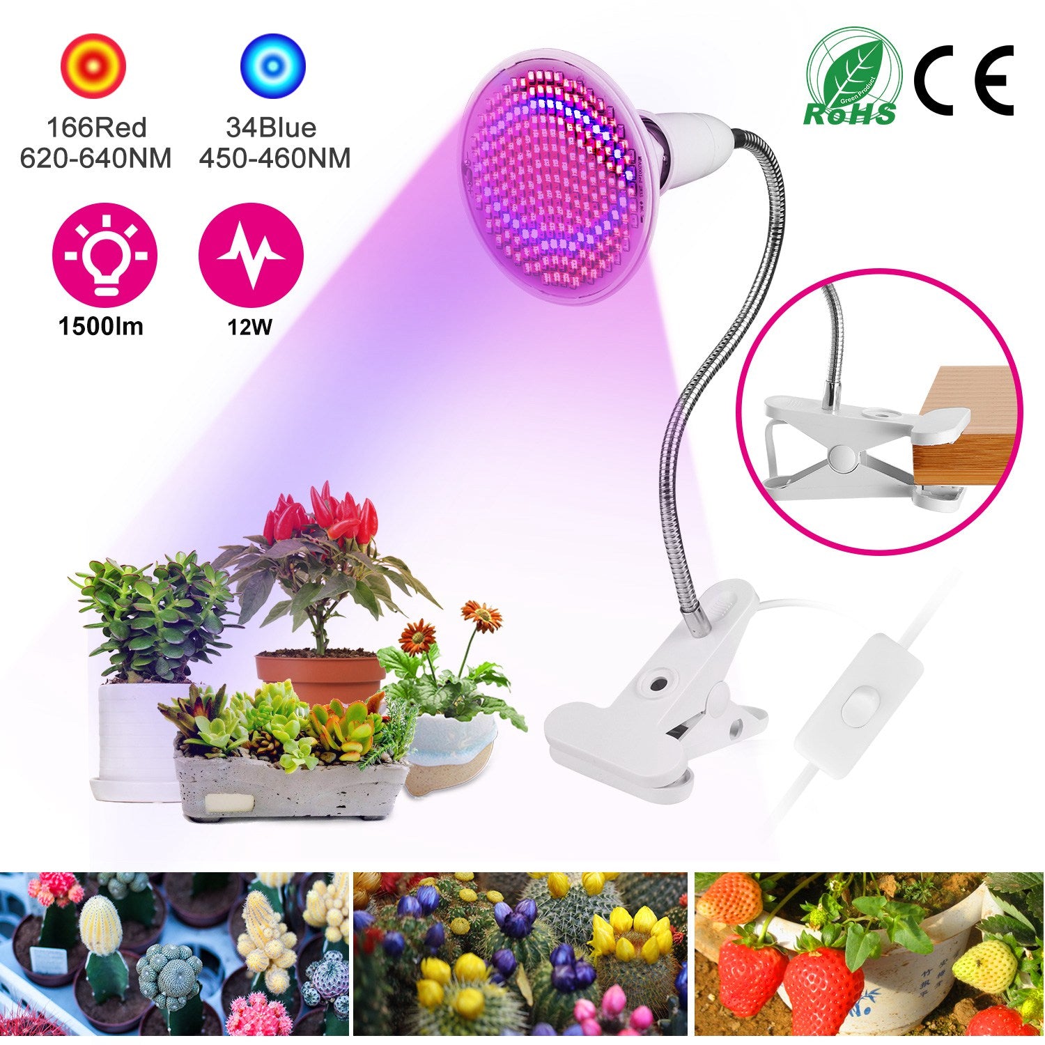 LED Grow Light 12W 200 Red Blue LEDs Plant Grow Lamp 360°Rotatable Plant Light w/ Desk Clip for Plants Indoor 