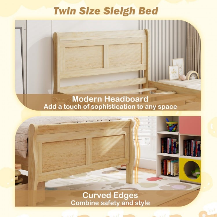 Twin Size Sleigh Bed with 2 Storage Drawers Wood Platform Bed Frame-Natural