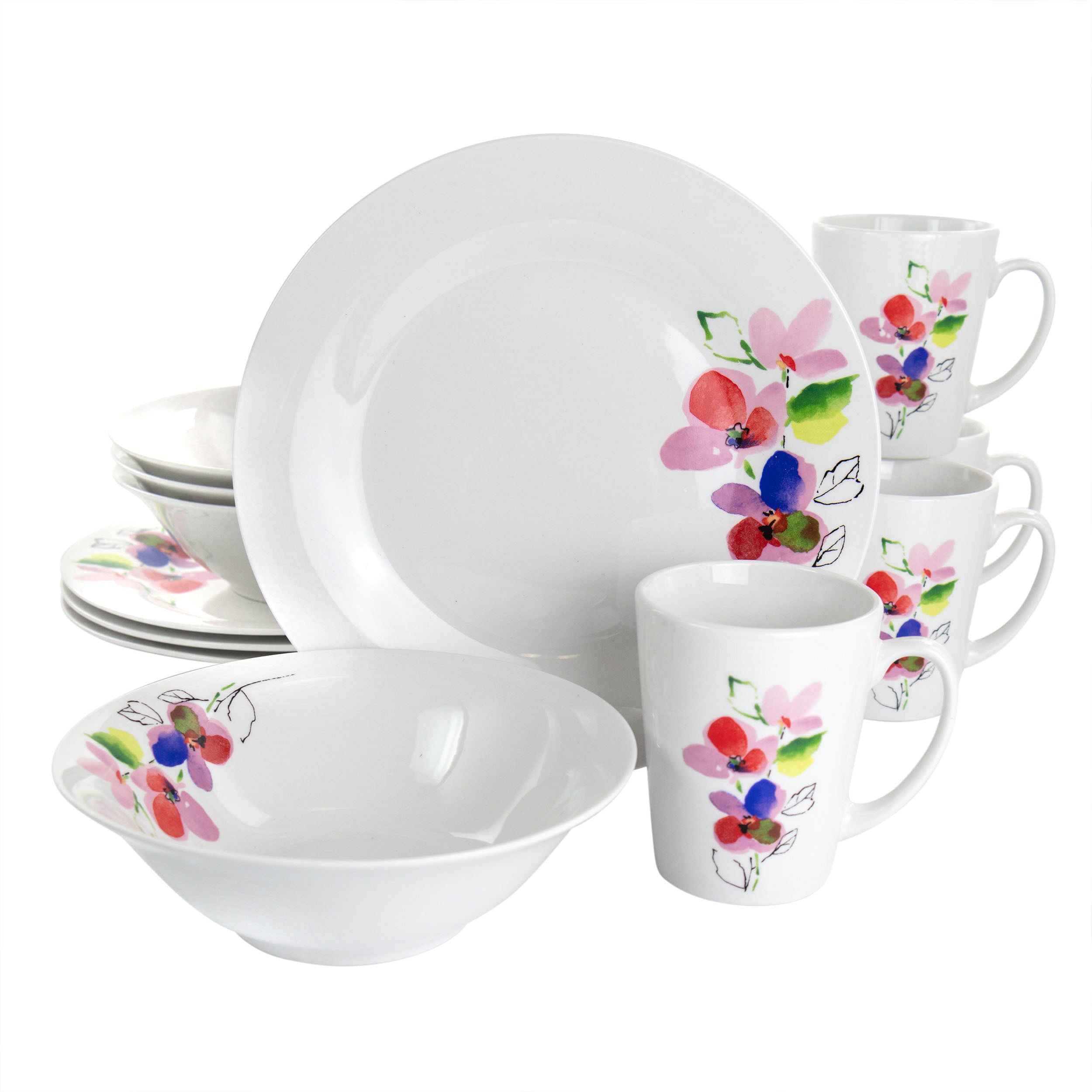 Gibson Home Vineyard Rose 12 Piece Round Fine Ceramic Dinnerware Set in White - Free Shipping