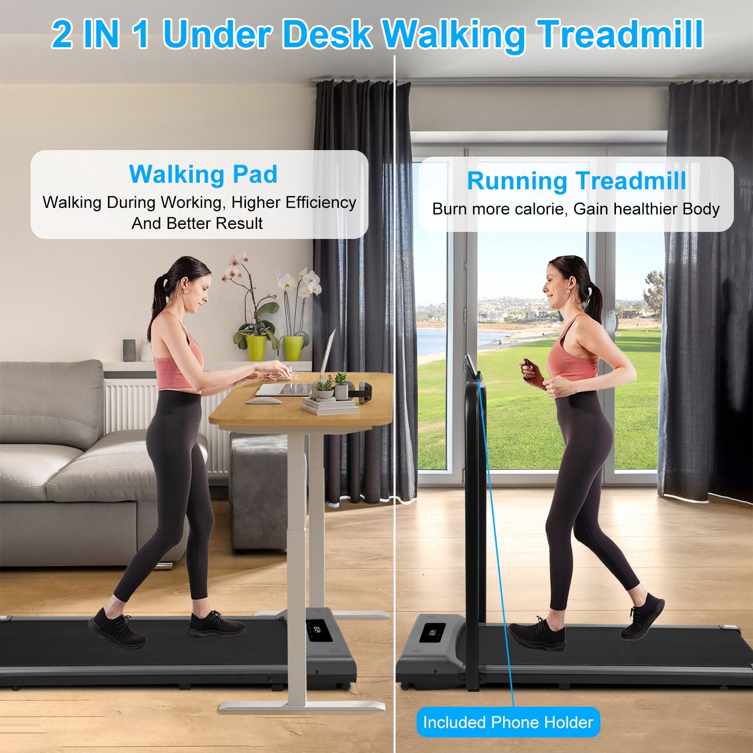 2-in-1 Under Desk Folding Treadmill Foldable Walking Pad with Remote Control Wireless App Control Free Installation Jogging Machine For Home Office