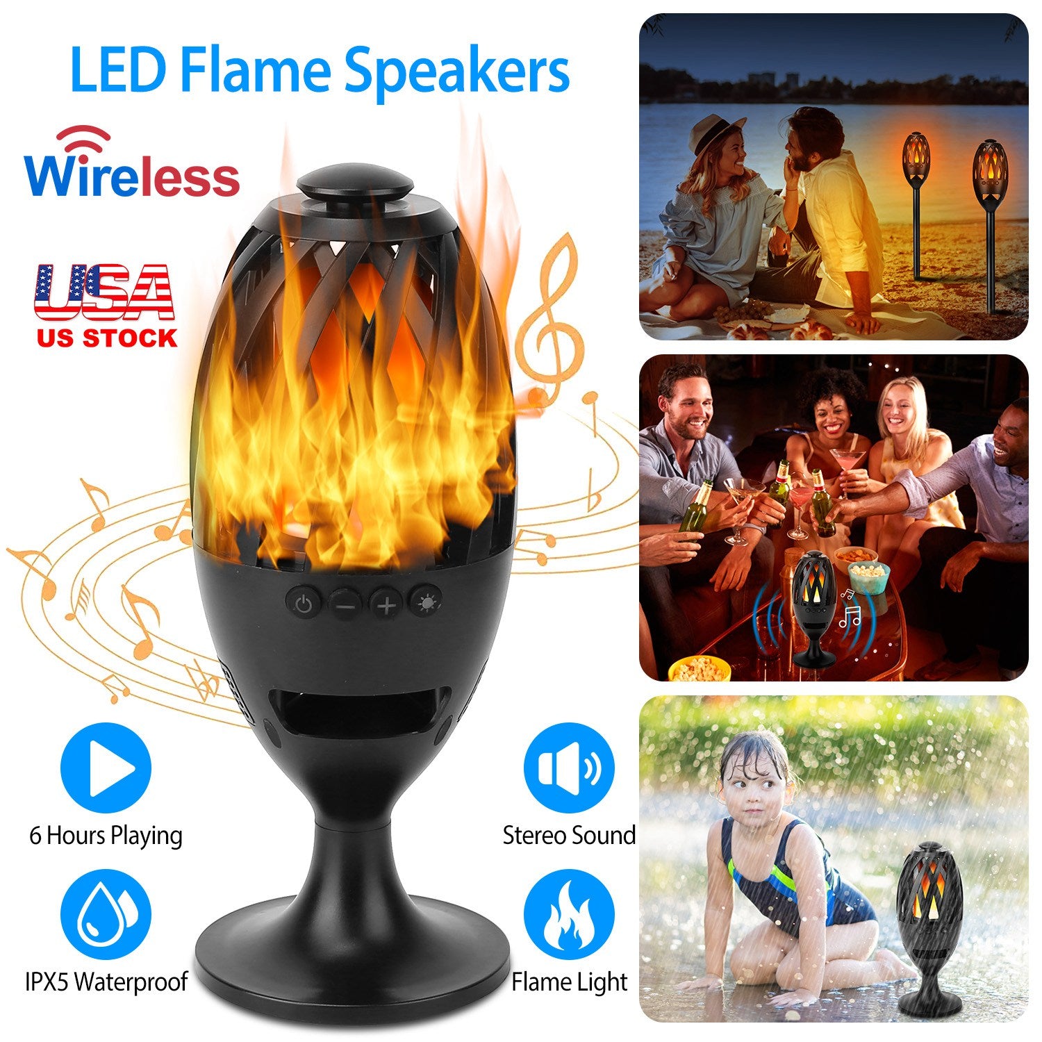 LED Flame Speakers Torch Wireless Speaker Waterproof Stereo Bass Speaker Outdoor Light-Up Speaker Atmosphere LED Flickers Night Light Patio Stake Ligh