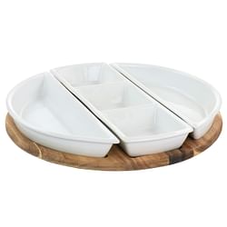 Gibson Elite Gracious Dining 4 Piece Fine Ceramic Sectional Tray Set with Acacia Wood Base - Free Shipping