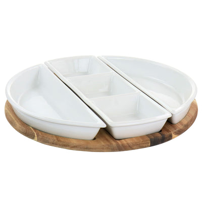 Gibson Elite Gracious Dining 4 Piece Fine Ceramic Sectional Tray Set with Acacia Wood Base - Free Shipping 