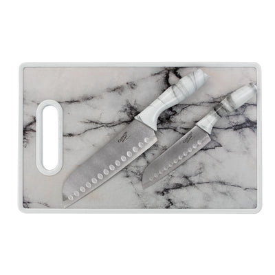 Gibson Home Beaumont 3 Piece Stainless Steel Santoku Knife Set with Cutting Board in White Marble - Free Shipping 