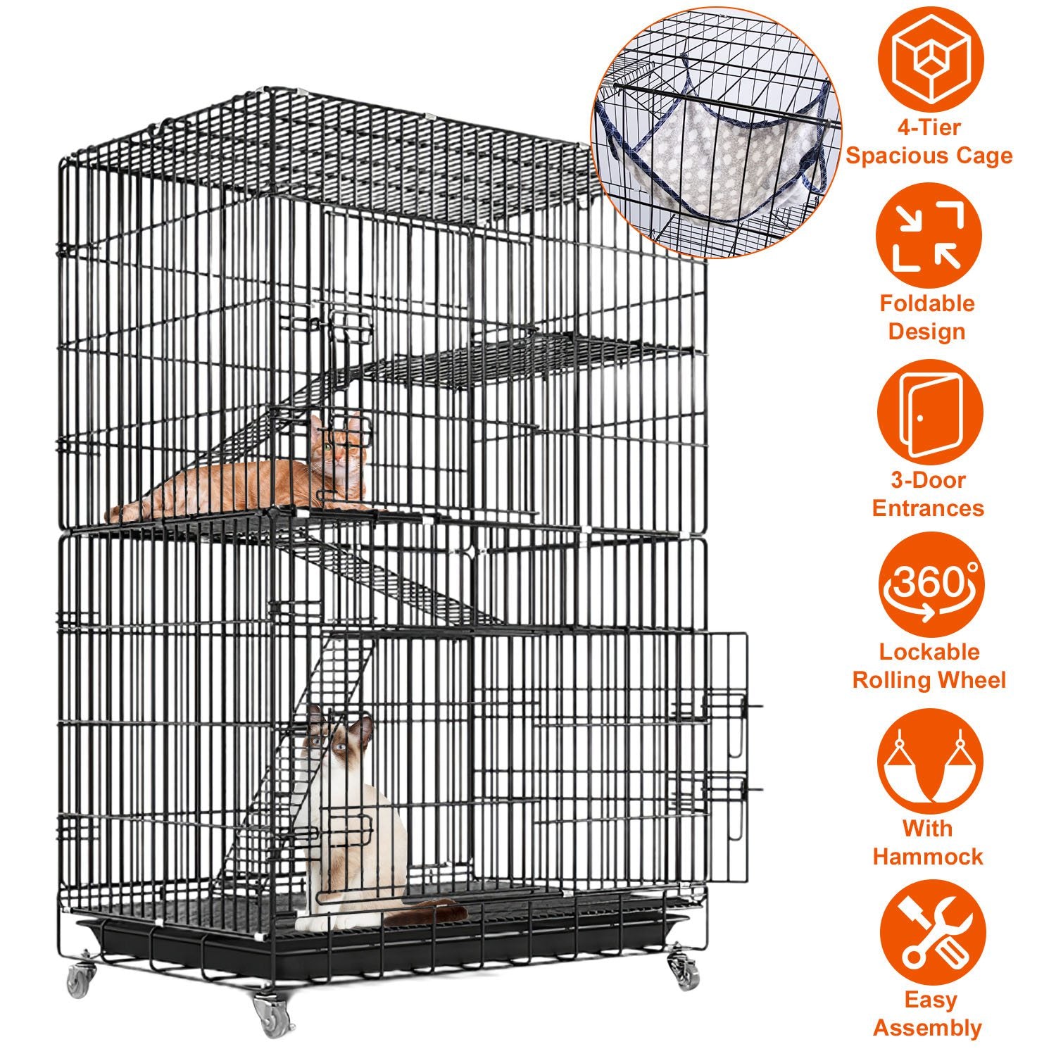 4 Tiers Cat Cage Rolling Metal Cat Playpen Enclosures Cat Kennel House Ferret Crate with 360° Lockable Wheels 3 Doors 3 Ladders Hammock 