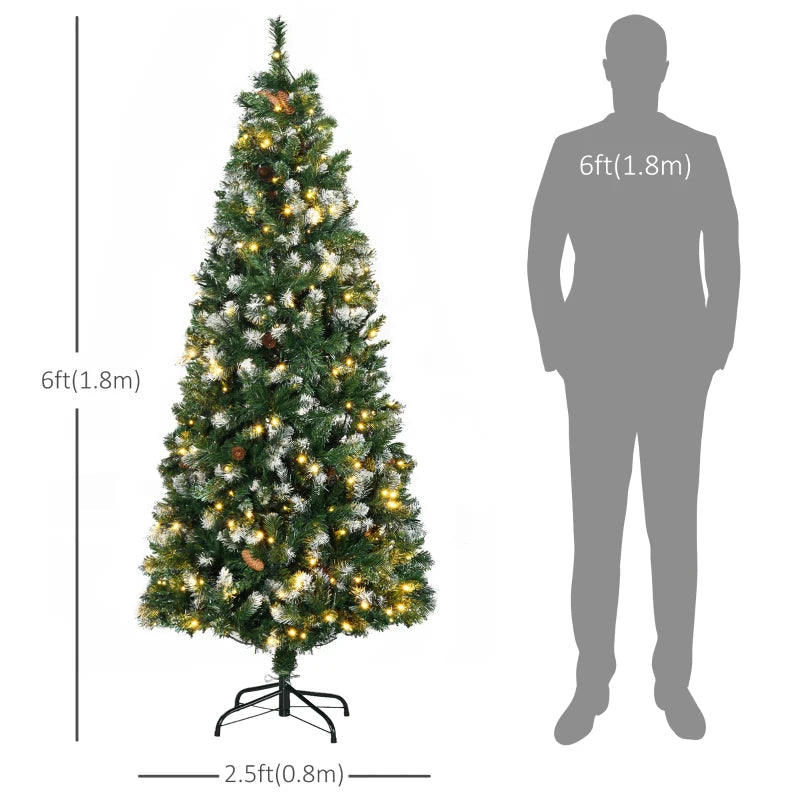 HOMCOM 7.5ft Decorated Skinny Pre-Lit Artificial Christmas Tree – Snow-Dipped Branches with Pinecones, Auto Open Design 