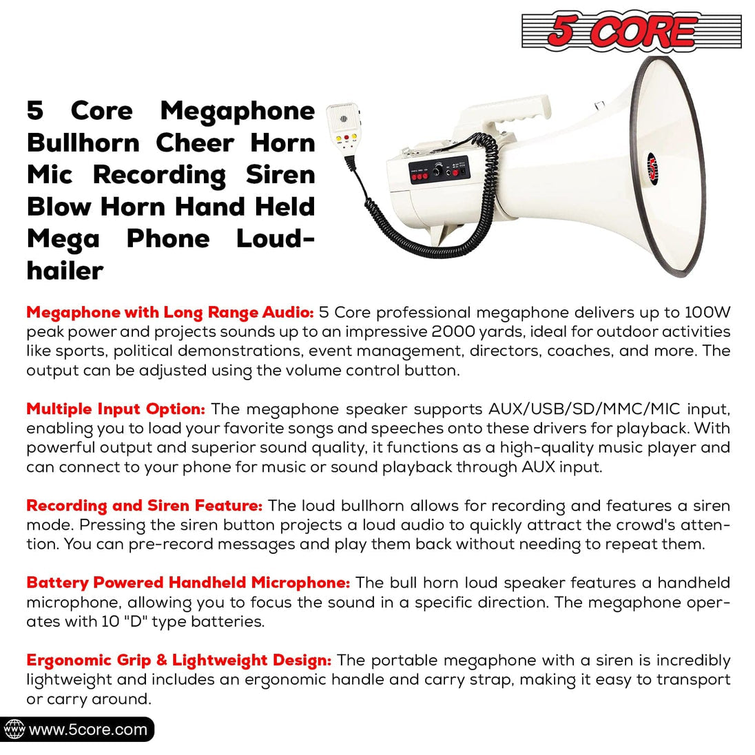 5Core Megaphone Bullhorn Speaker 100W Professional Bull Horn Battery Power Megafono 2000Yard Range 4501