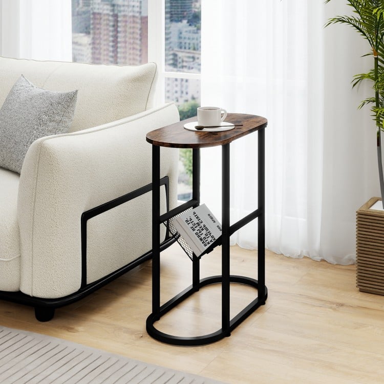 2-Tier Oval Narrow Bedside End Table-Rustic Brown
