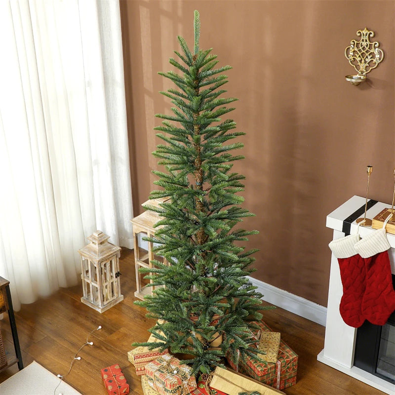 HOMCOM 7ft Artificial Fir Pencil Christmas Tree – Hinged Xmas Tree with 646 Branch Tips & Metal Stand, Easy Assembly, Green 