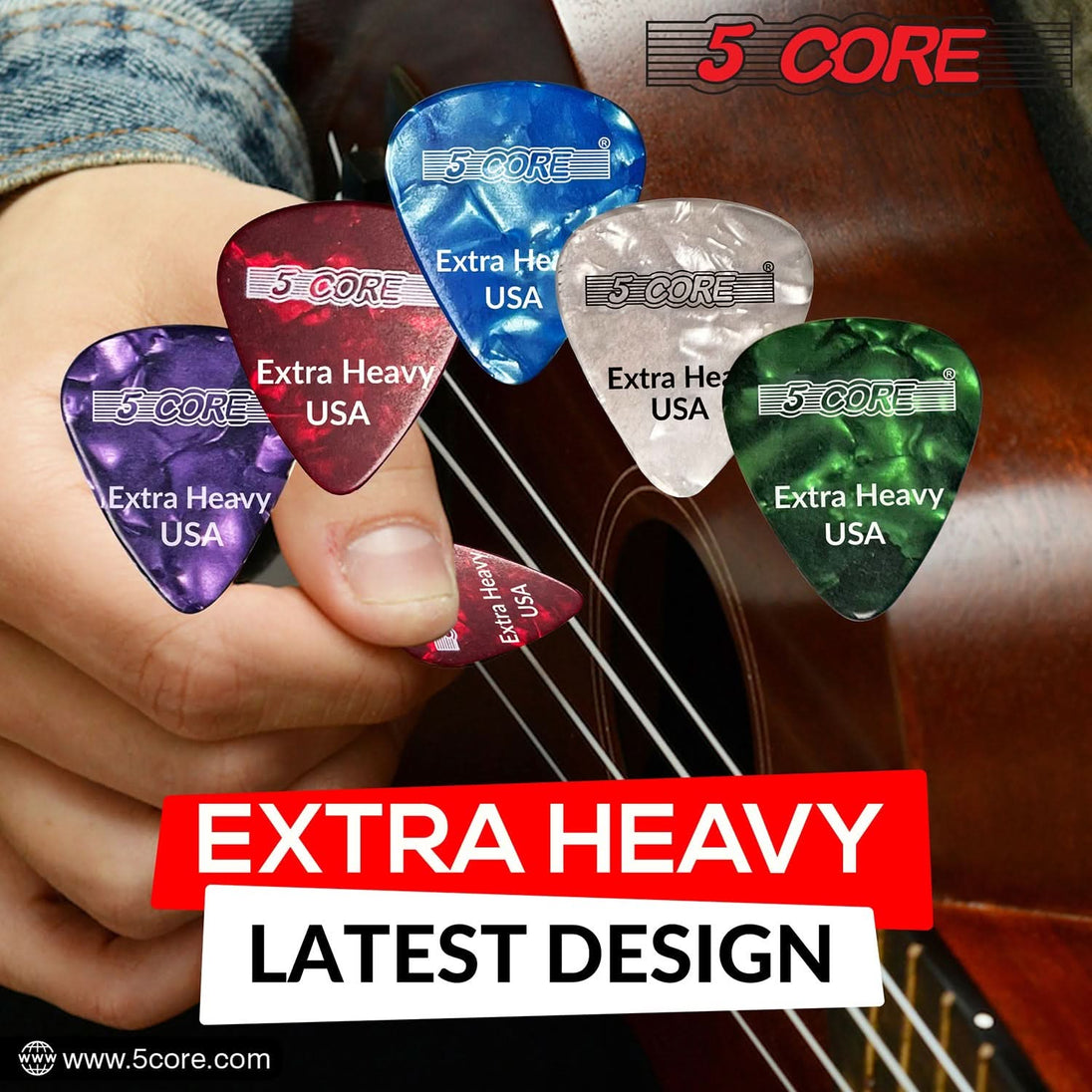 5Core Guitar Picks 1.2mm Celluloid Extra Heavy Gauge Pick - Acoustic Electric Bass Guitars RED