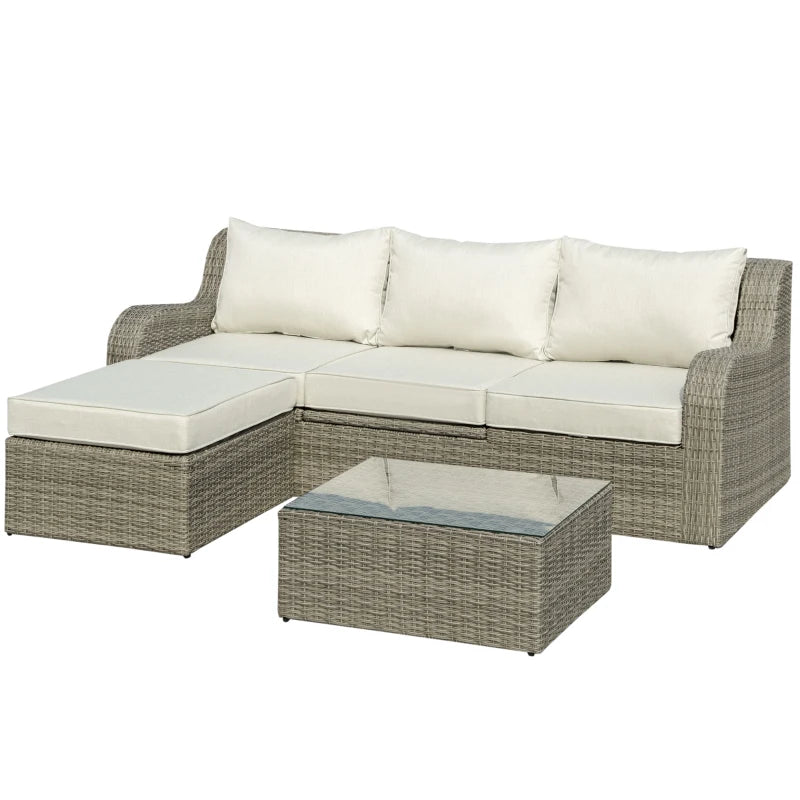 Outsunny 3 Pieces Wicker Patio Furniture Set with Liftable Middle Table, Aluminum Frame Full Assemblied Outdoor Sectional Conversation Sofa Set with 4" Thick Padded Cushions, Beige