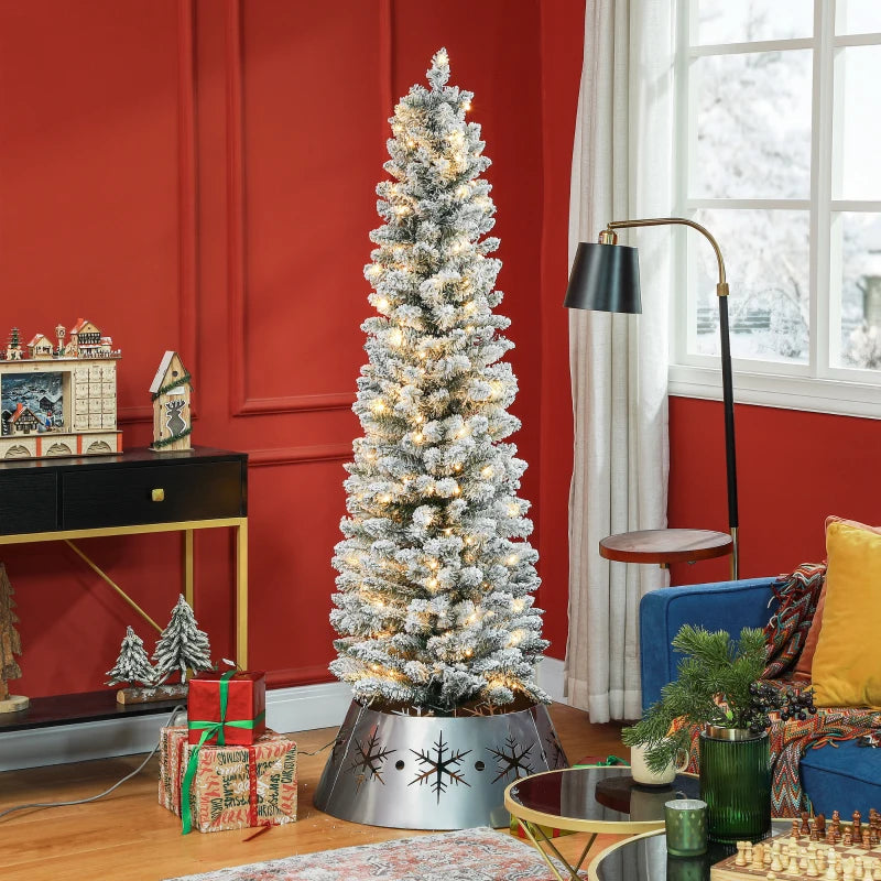 HOMCOM 5FT Prelit Pencil Christmas Tree with Warm White LED Lights, Slim Artificial Snow Flocked Xmas Tree with Metal Base 