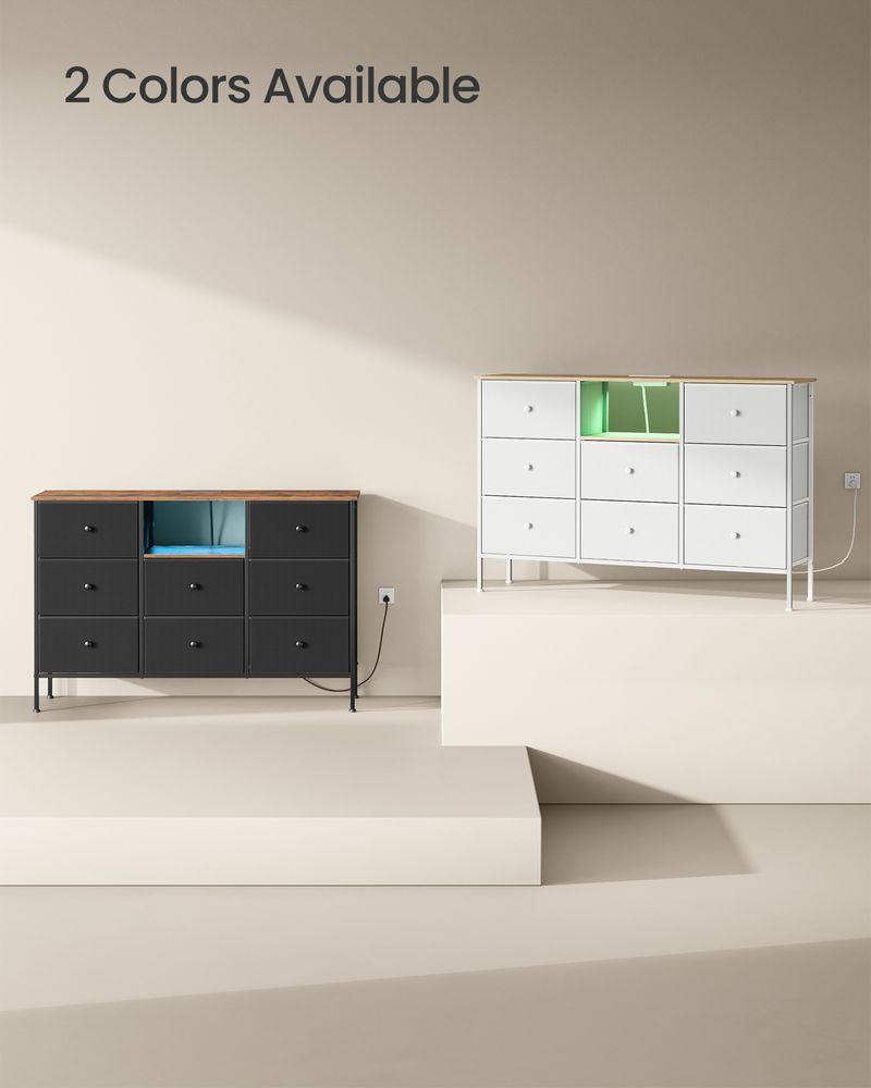 SONGMICS Fabric Dresser with Power Outlets and LED Lights 