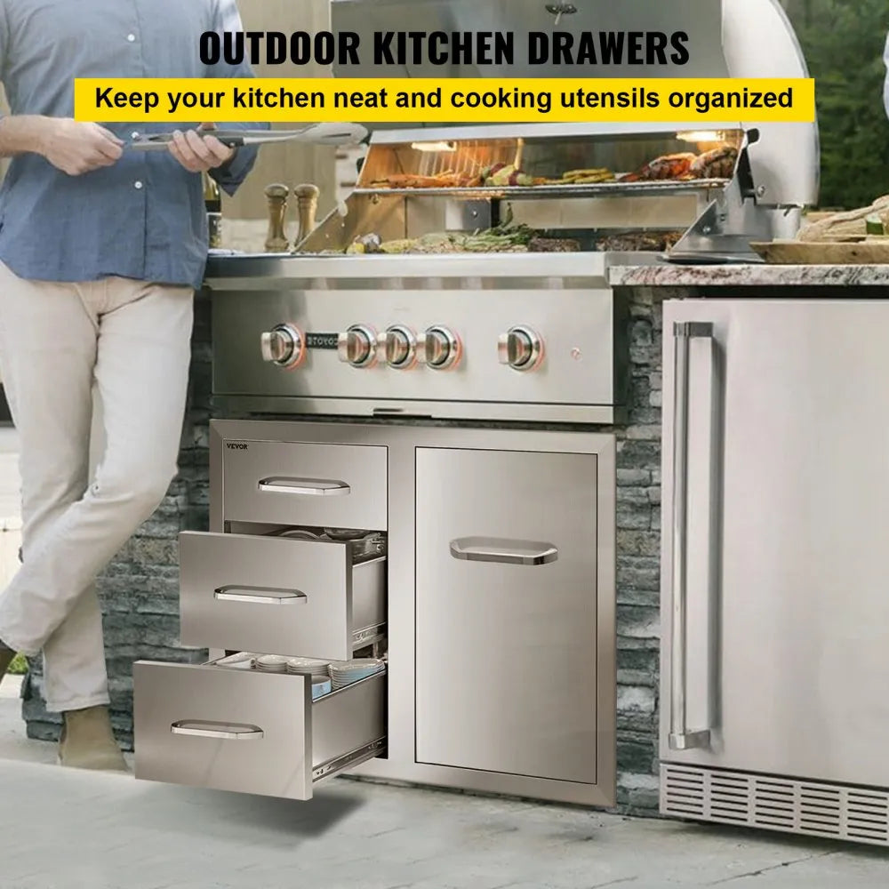VEVOR Outdoor Kitchen Door Drawer Combo 29.5\" W x 22.6\" H x 21.7\'\'D, Access Door/Triple Drawers with Propane Drawer and Adjustable Garbage Ring, Perfect for BBQ Island Patio Grill Station