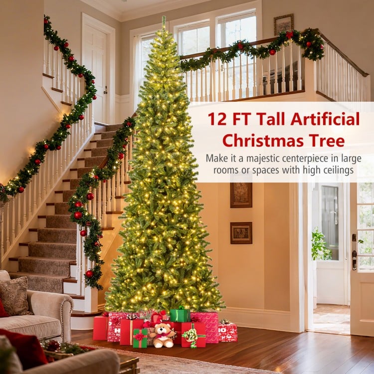 12 FT Tall Prelit Hinged Artificial Christmas Tree with 2536 PVC Branch Tips