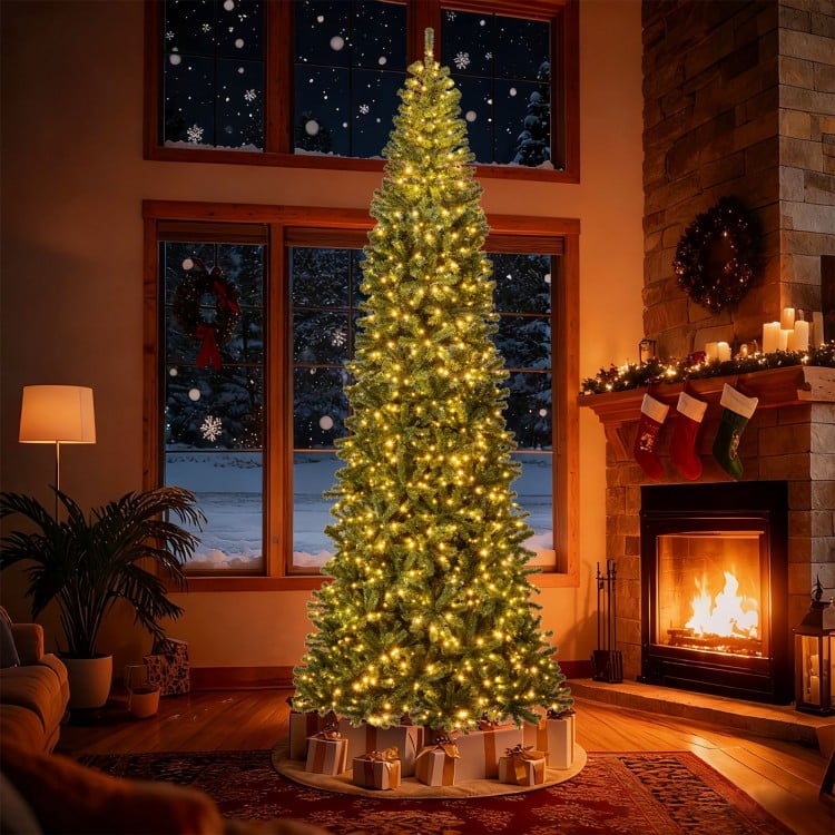 12 FT Tall Prelit Hinged Artificial Christmas Tree with 2536 PVC Branch Tips