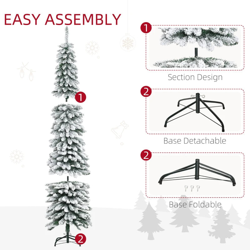 HOMCOM 7ft Snow-Flocked Artificial Christmas Tree – Slim Pencil Design, 490 Realistic Branches, Metal Base, Green 