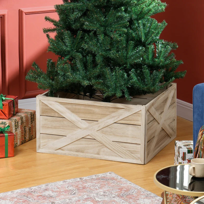 HOMCOM 28" Farmhouse Wooden Christmas Tree Base Cover – Rustic Tree Collar Box with Light Distressed Wood Finish for Holiday Decoration 