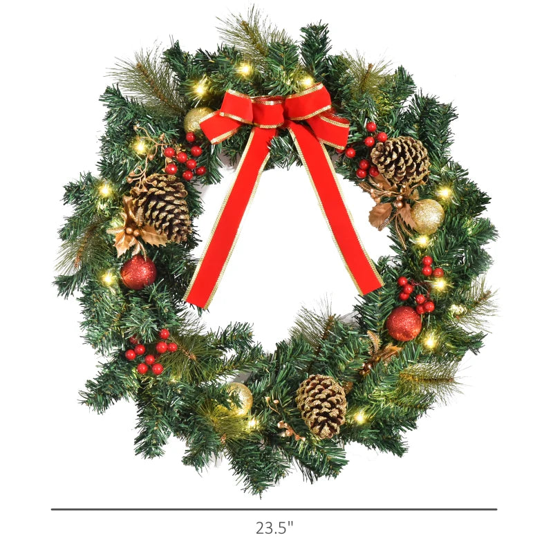 HOMCOM 24" Pre-Lit Artificial Christmas Wreath – Green Spruce with Cones, Red Berries & 20 LED Lights, Battery Operated 