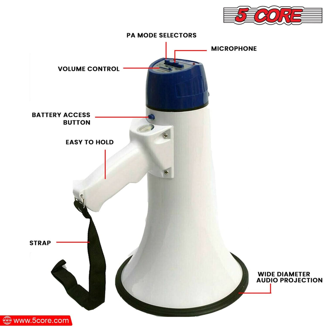 5Core Megaphone Bullhorn Speaker 20W Bull Horn Battery Power Cheer Megafono Loudspeaker