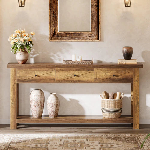 70.9" Farmhouse Console Table with 3 Drawers, Narrow Entryway Sofa Table with Storage Shelf Rustic Brown