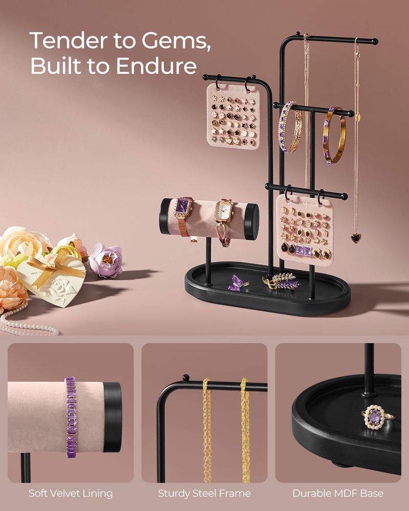 SONGMICS Jewelry Stand with Metal Frame, 2 Earring Boards, 4 Hanging Rods 