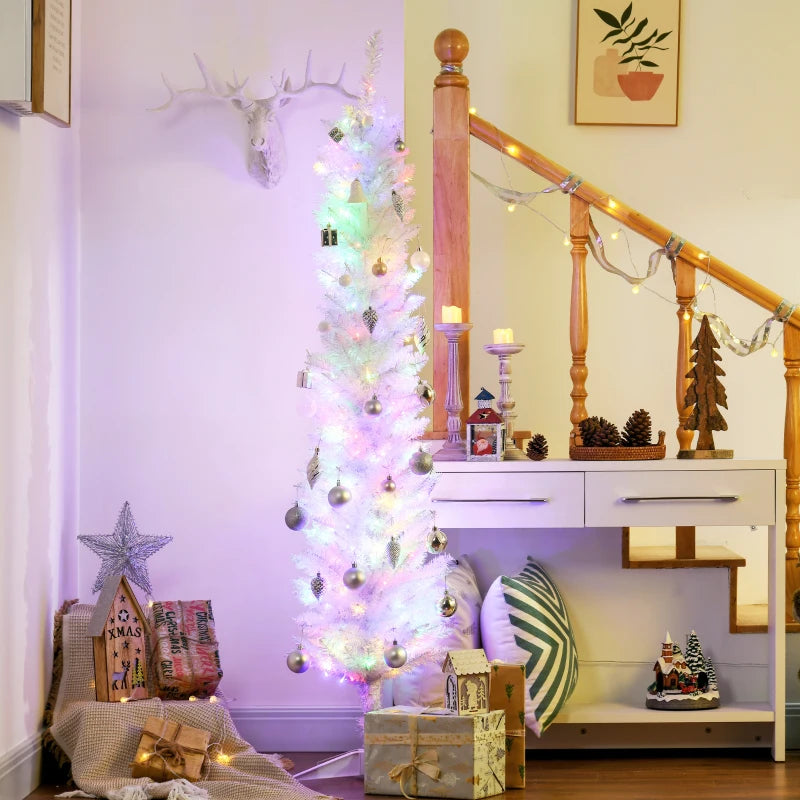 HOMCOM 6ft Pre-Lit Pencil Artificial Christmas Tree – Colourful Surface Tips with Colourful LED Lights, White 