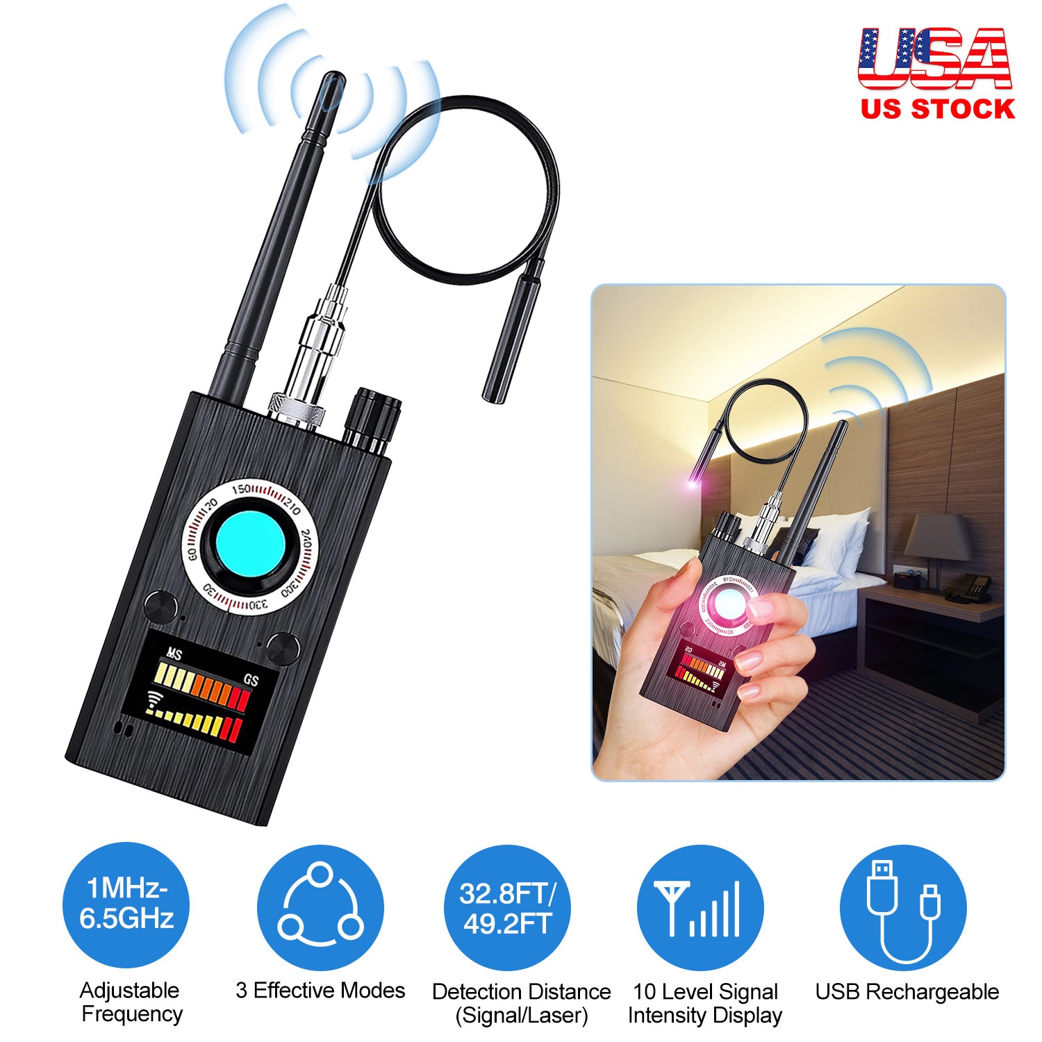 Hidden Camera Detector Anti Spy Detector RF Signal Scanner with 3 Effective Modes 1MHz-6.5GHz Frequency for GPS Trackers Eavesdropping Devices