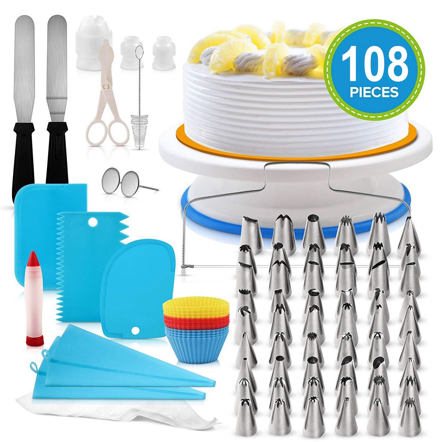 11in Rotating Cake Turntable 108Pcs Cake Decorating Supplies Kit Revolving Cake Table Stand Base Baking Tools 